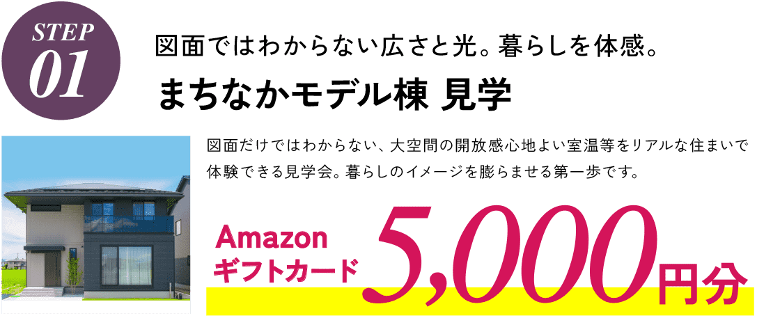 STEP01,図面ではわからない広さと光。まちなかモデル棟 見学、図面だけではわからない、大空間の開放感心地よい室温等をリアルな住まいで体験できる見学会。暮らしのイメージを膨らませる第一歩です。Amazonギフトカード5,000円分